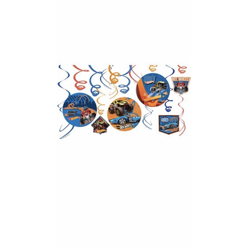 HOT WHEELS Wild Racer HANGING SWIRL DECORATIONS (12) ~ Birthday Party Supplies